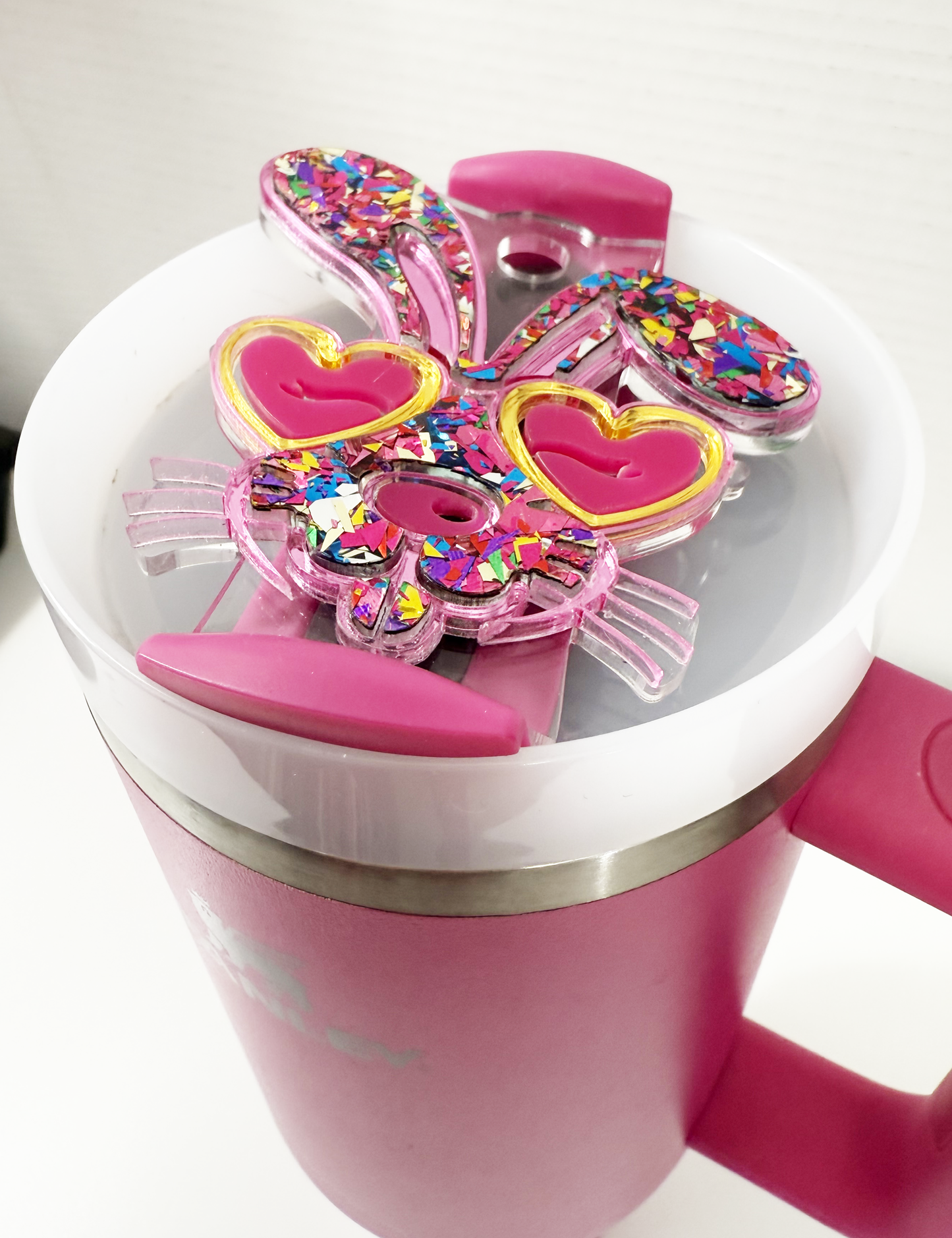 TUMBLER TOPPER - BUNNY GLASSES-PINK UNICORN GLITTER