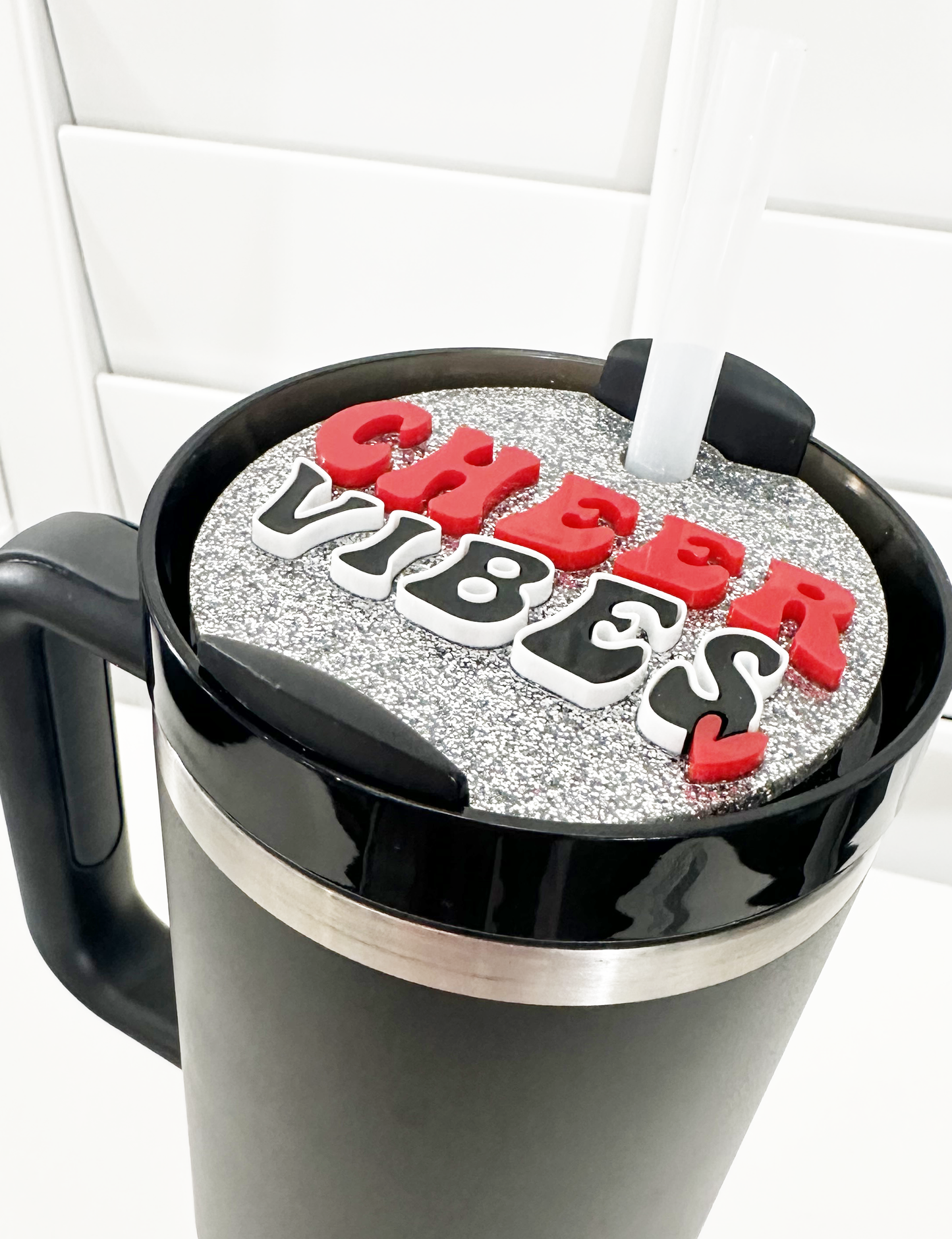 CUSTOM TUMBLER TOPPER - FULL LID - CHEER VIBES-SLVR GLTR