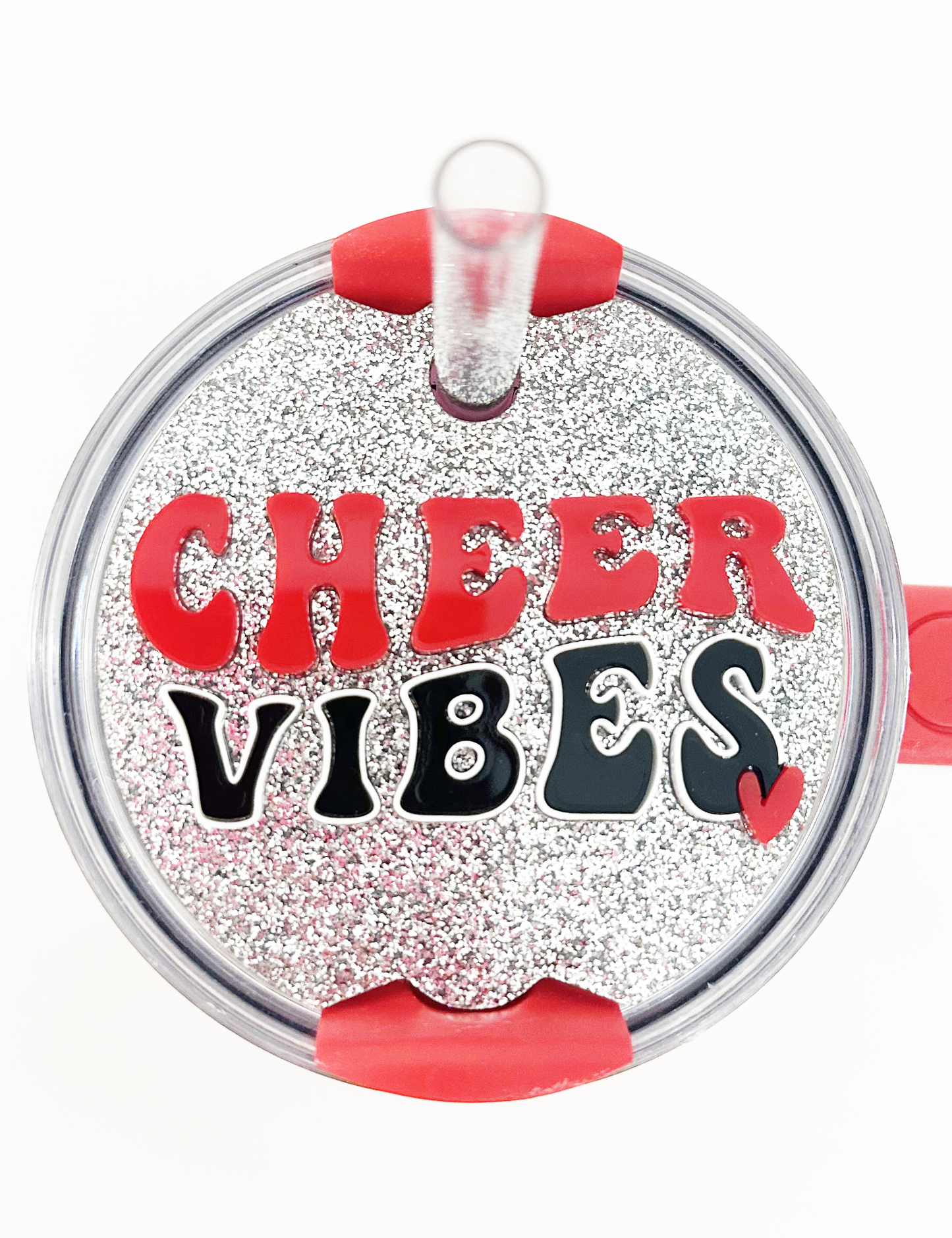 CUSTOM TUMBLER TOPPER - FULL LID - CHEER VIBES-SLVR GLTR