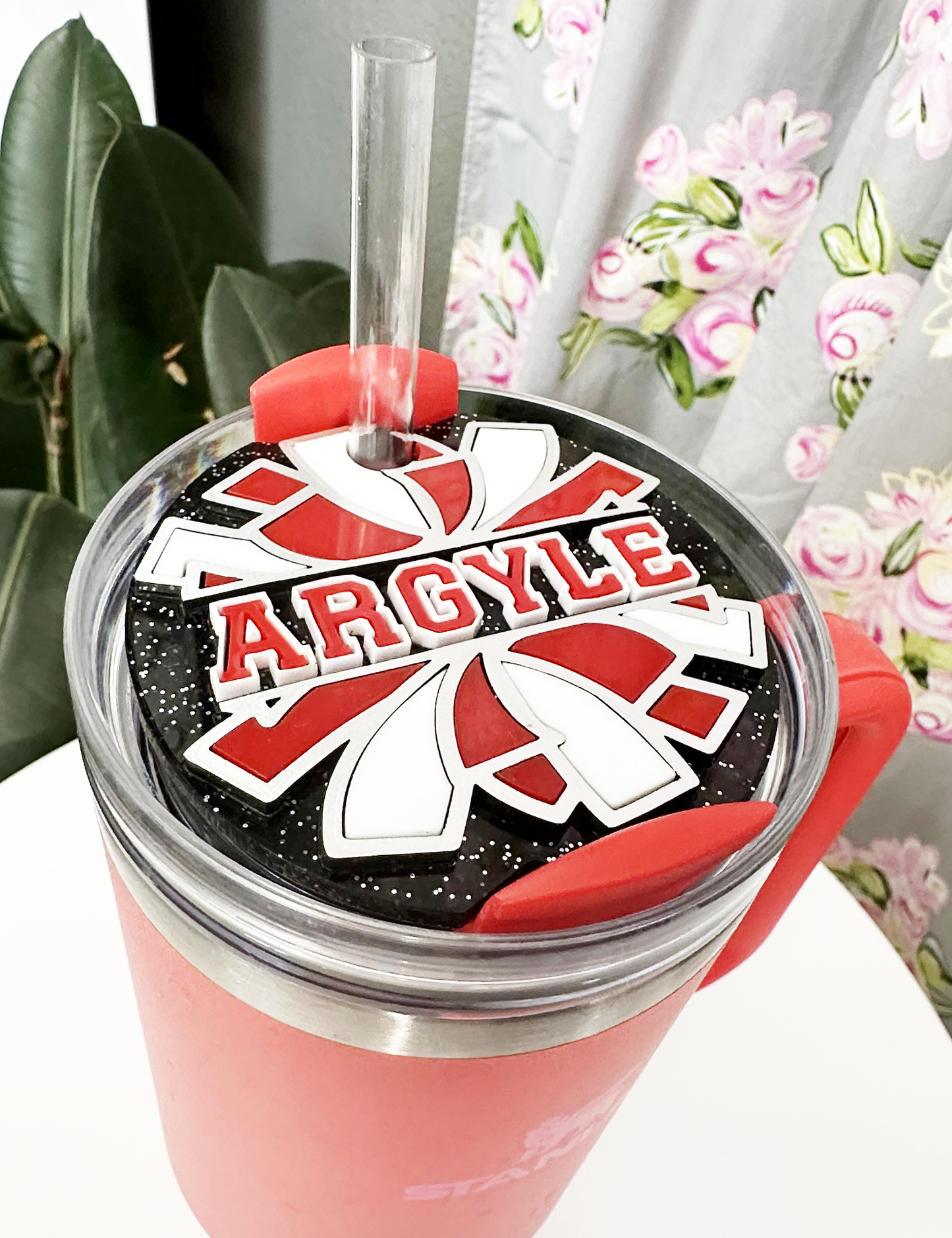 CUSTOM TUMBLER TOPPER - FULL LID - CHEER POM POM-BLK GLITTER