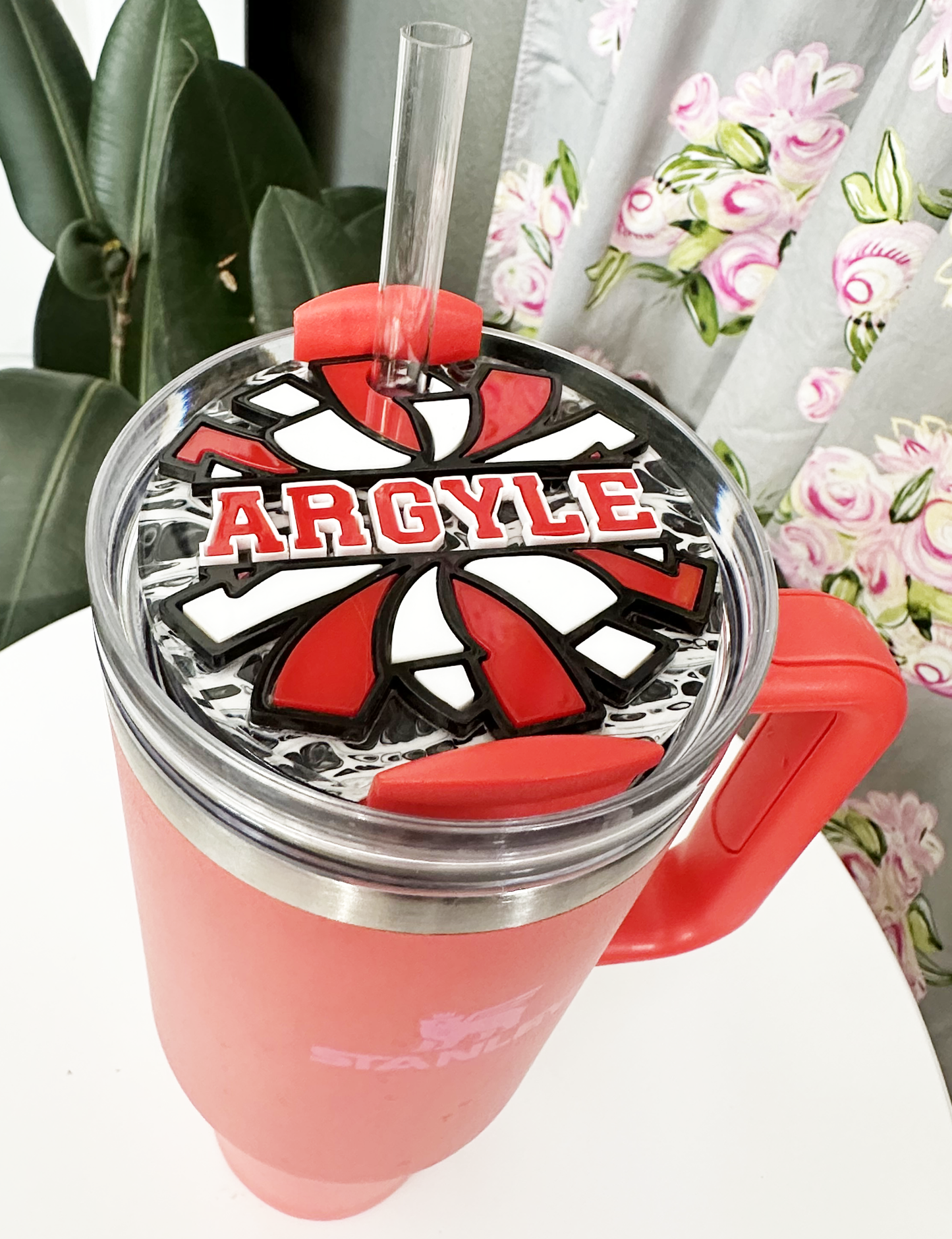 CUSTOM TUMBLER TOPPER - FULL LID - CHEER POM POM-BLK MARBLE