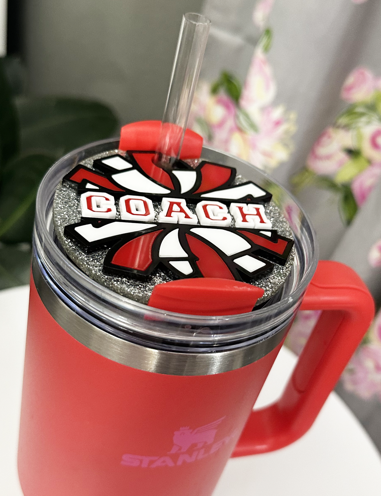 CUSTOM TUMBLER TOPPER - FULL LID - CHEER POM POM-SILVER GLITTER