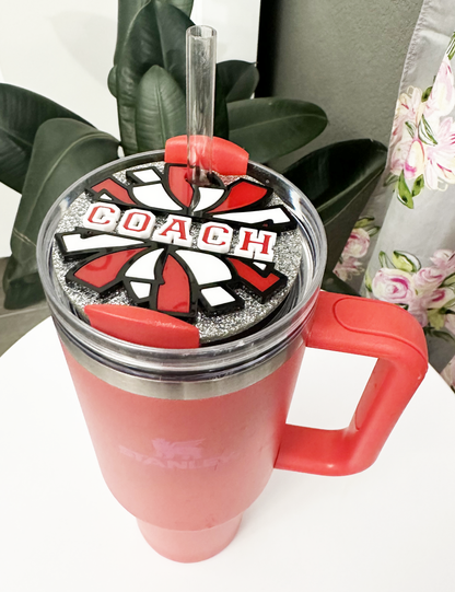 CUSTOM TUMBLER TOPPER - FULL LID - CHEER POM POM-SILVER GLITTER