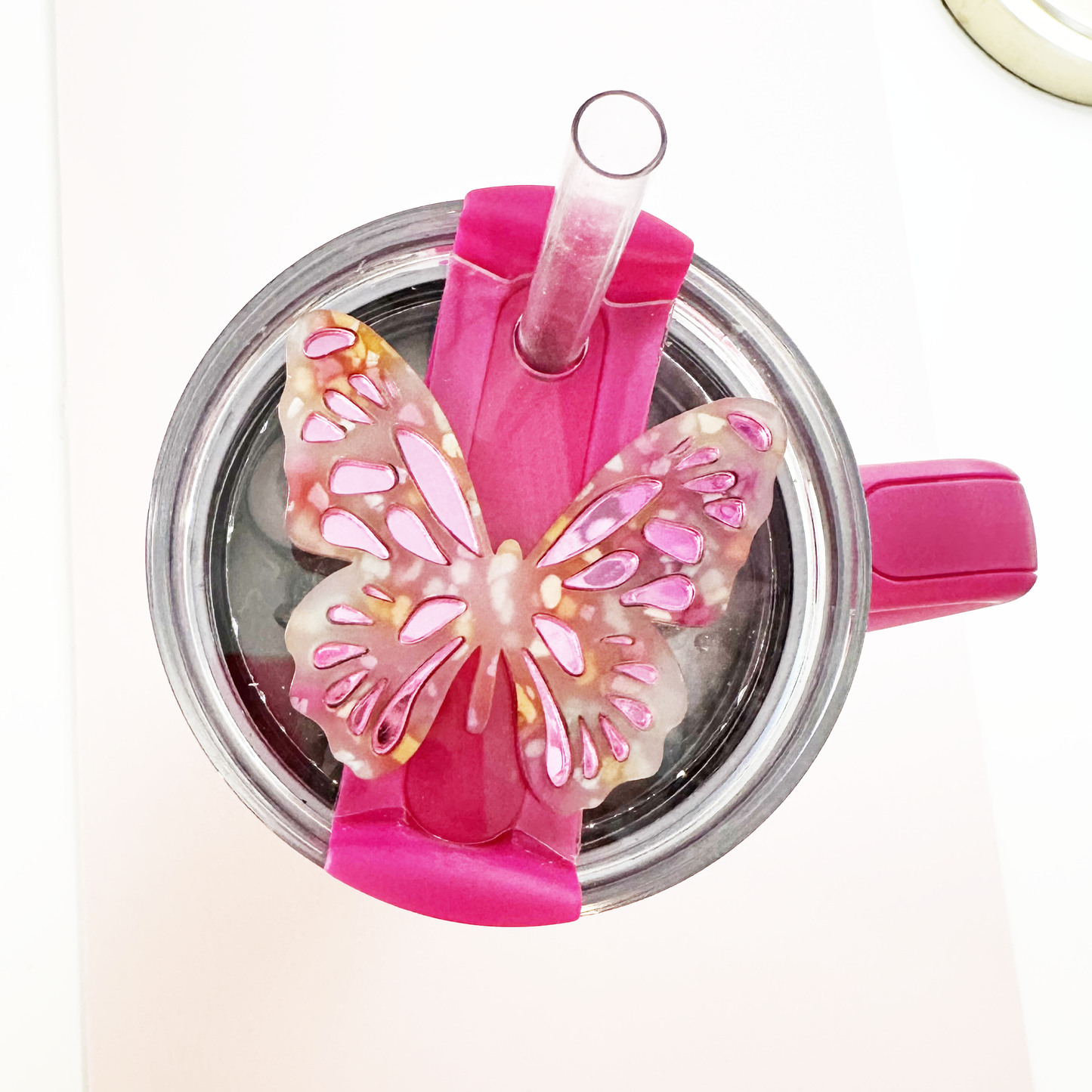 TUMBLER TOPPER TAG - BUTTERFLY-PINK FROSTED MIX WITH MIRROR