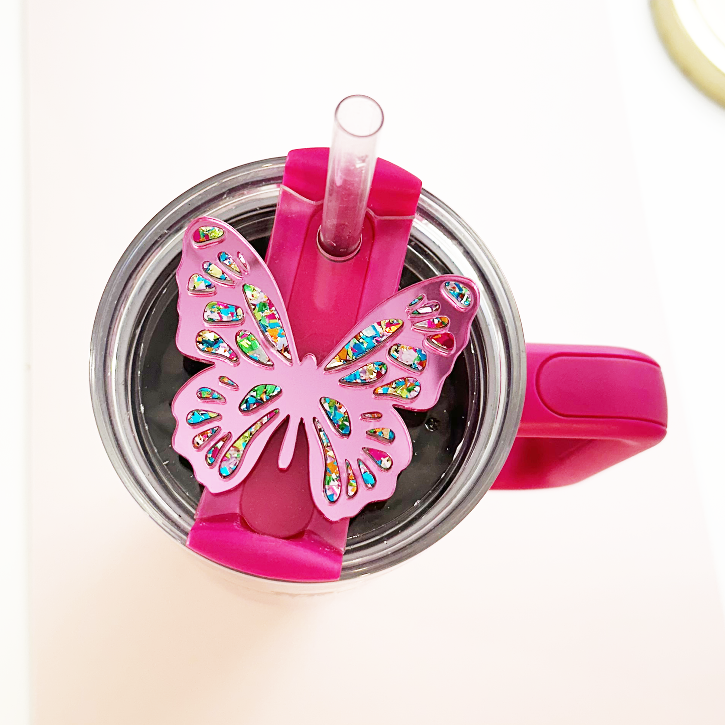 TUMBLER TOPPER TAG - BUTTERFLY-PINK MIRROR WITH SPRING FLING