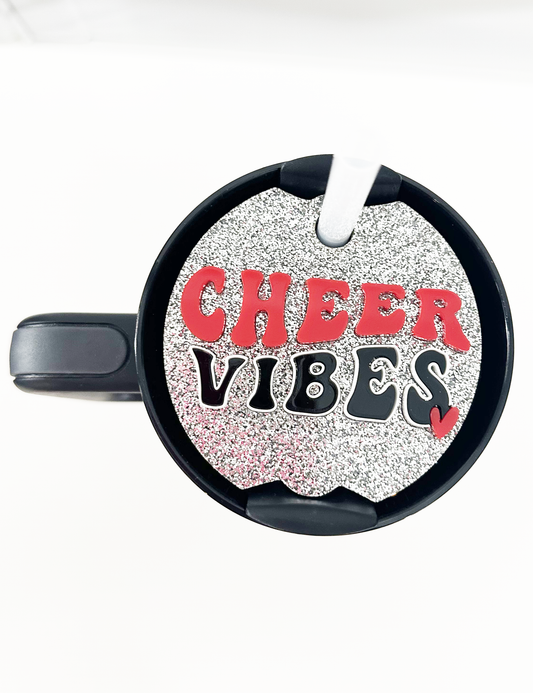 CUSTOM TUMBLER TOPPER - FULL LID - CHEER VIBES-SLVR GLTR