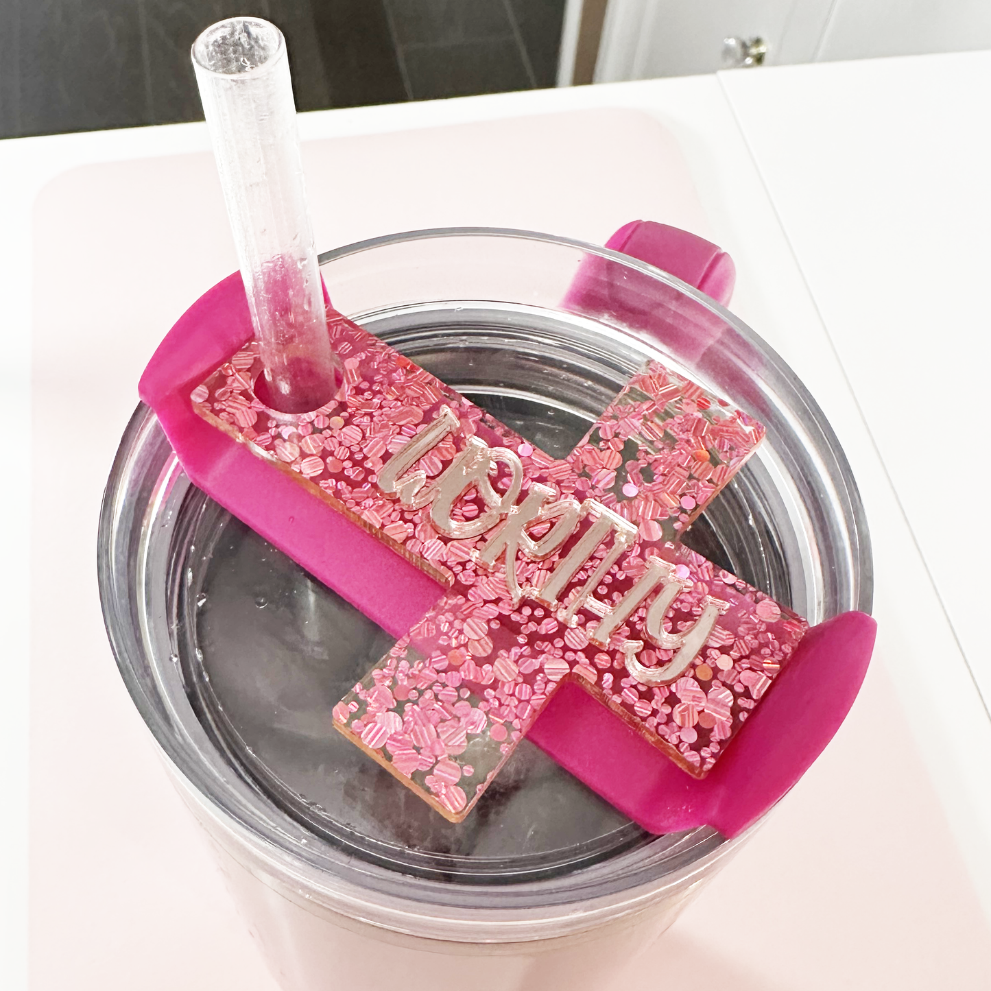 TUMBLER TOPPER TAG - PINK CONFETTI CROSS