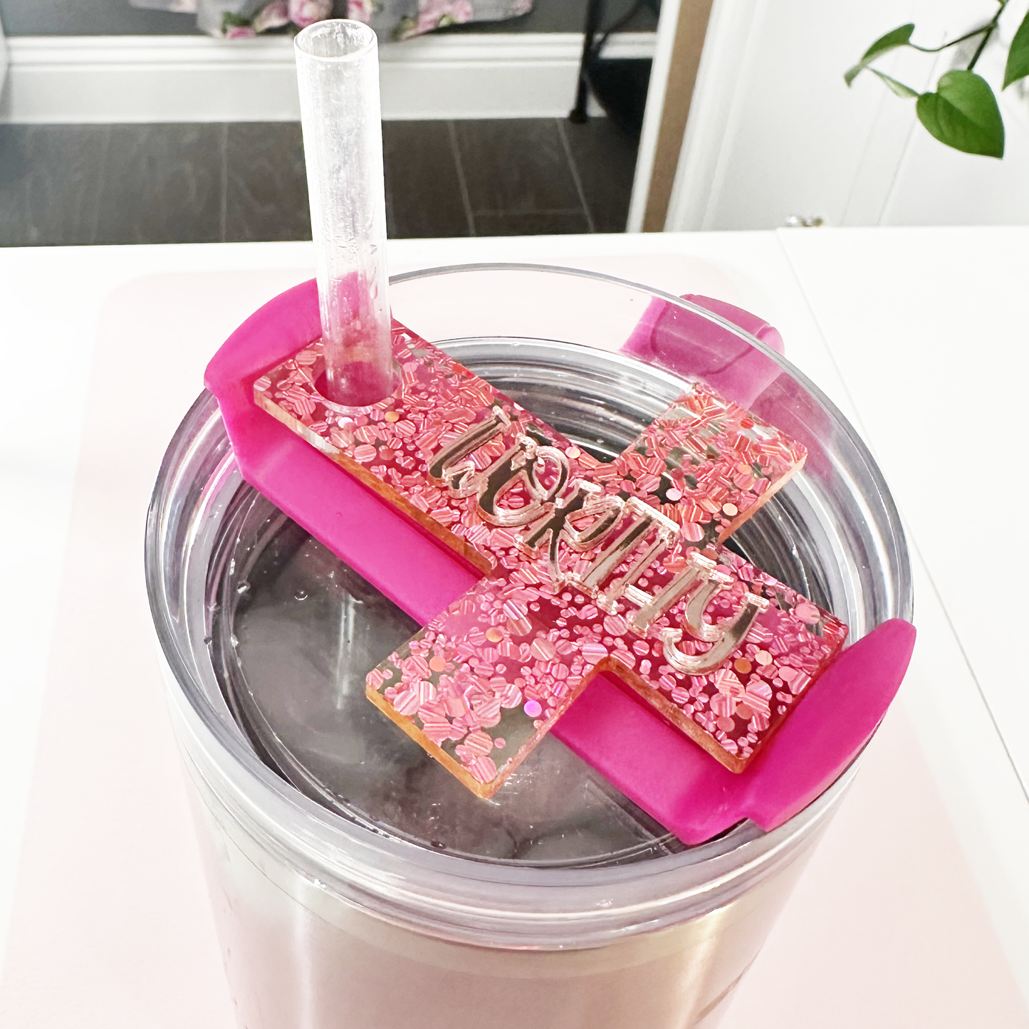 TUMBLER TOPPER TAG - PINK CONFETTI CROSS