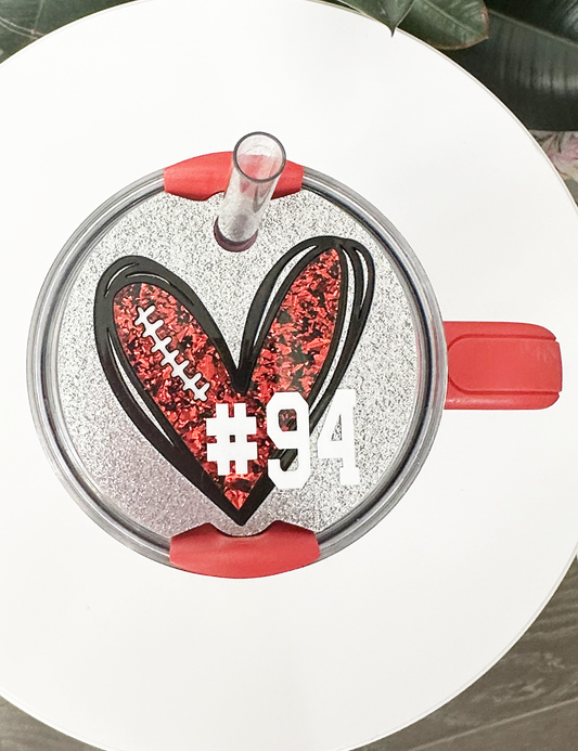 CUSTOM TUMBLER TOPPER - FULL LID - FOOTBALL HEART WITH TEAM NUMBER