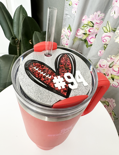 CUSTOM TUMBLER TOPPER - FULL LID - FOOTBALL HEART WITH TEAM NUMBER