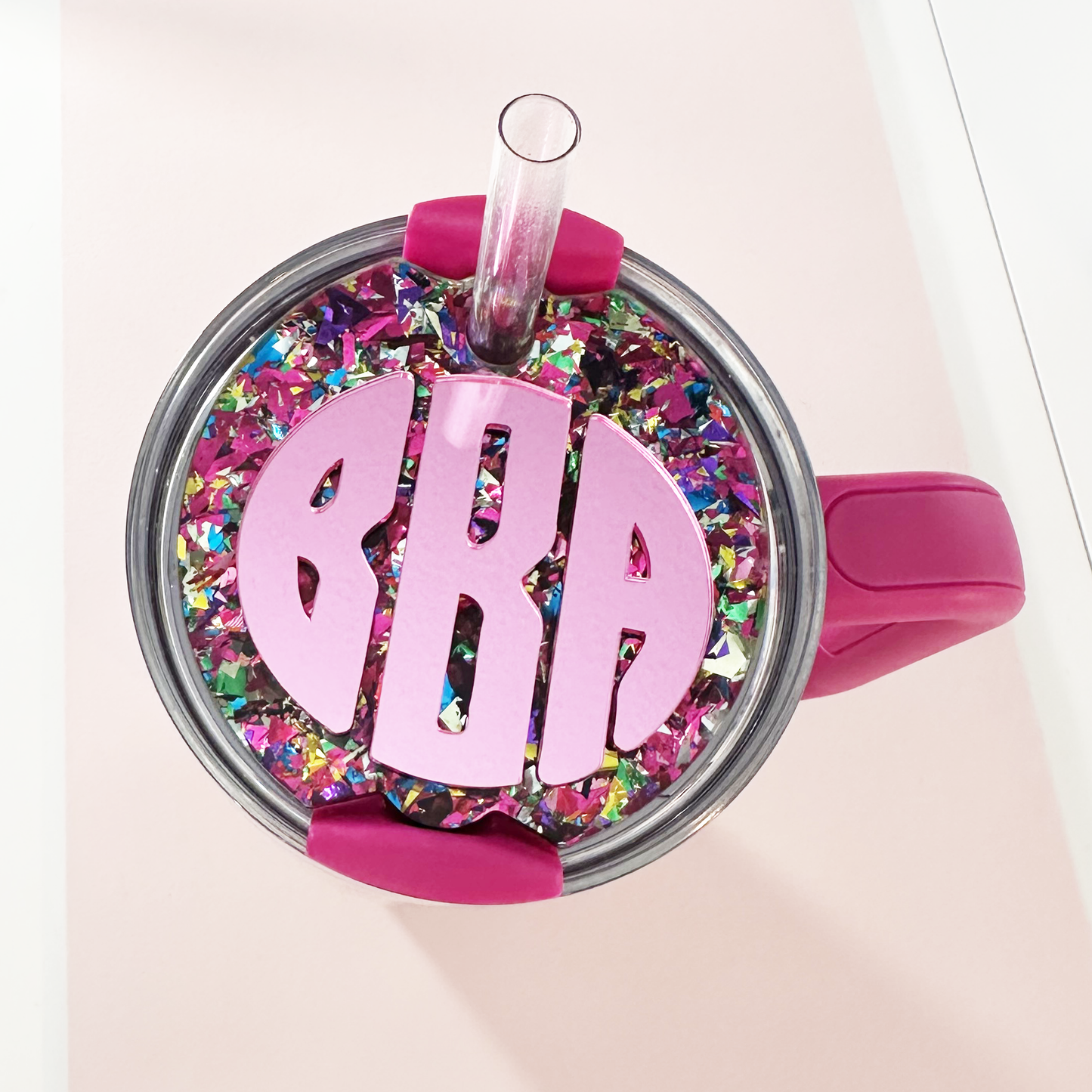 TUMBLER TOPPER - FULL LID - CIRCLE MONOGRAM - UNICORN CANDY PINK