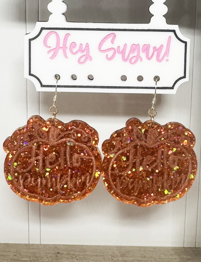 Hello Pumpkin Dangle Earrings-Orange Glitter