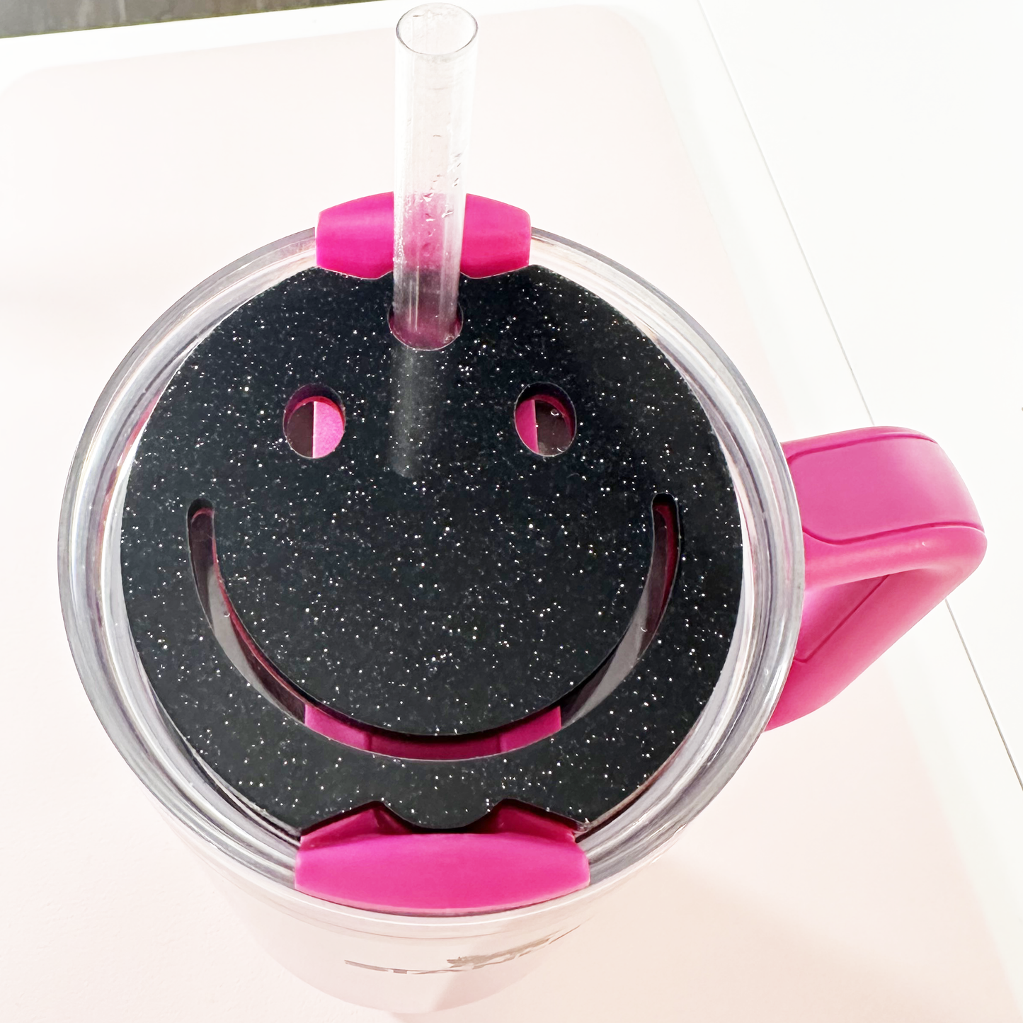 TUMBLER TOPPER - FULL LID - SMILEY FACE-BLACK GLITTER