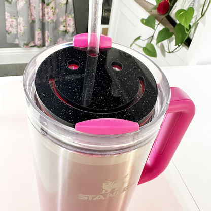 TUMBLER TOPPER - FULL LID - SMILEY FACE-BLACK GLITTER