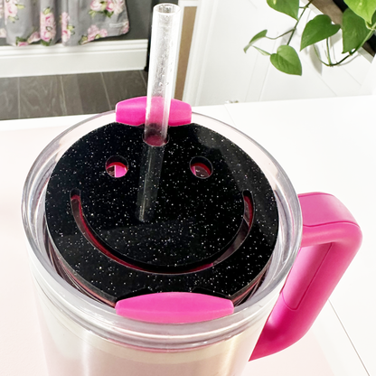 TUMBLER TOPPER - FULL LID - SMILEY FACE-BLACK GLITTER