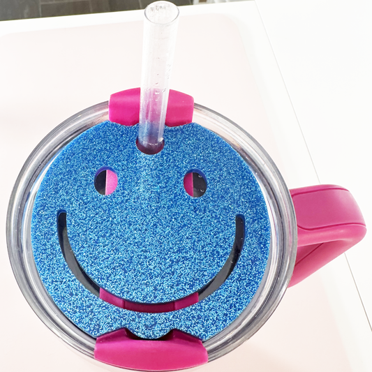 TUMBLER TOPPER - FULL LID - SMILEY FACE-BLUE GLITTER