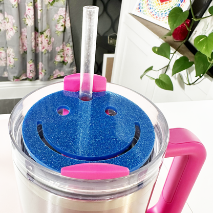 TUMBLER TOPPER - FULL LID - SMILEY FACE-BLUE GLITTER