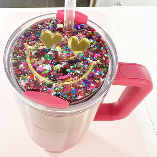 TUMBLER TOPPER -FULL LID - SMILEY FACE-UNICORN CANDY PINK GLITTER