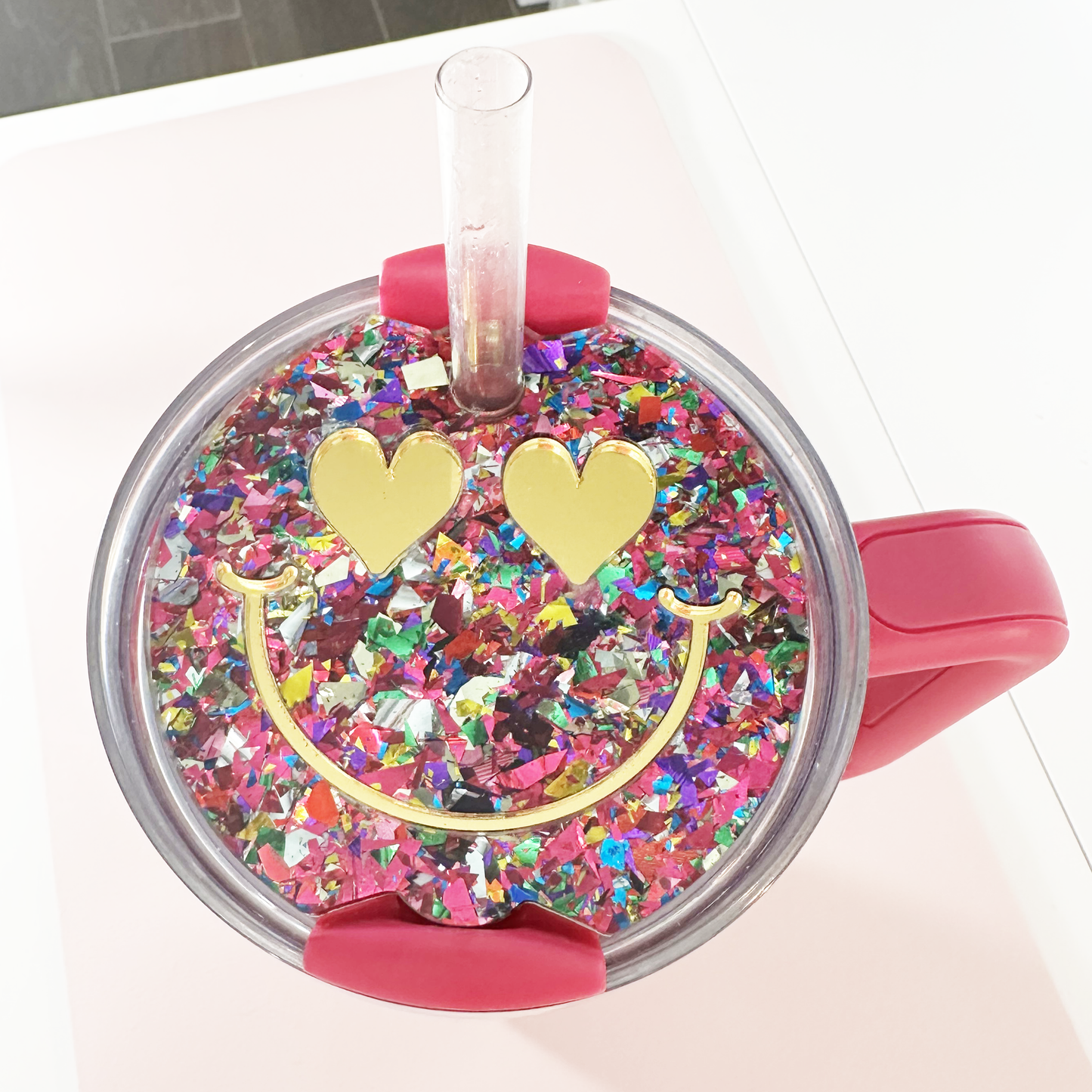 TUMBLER TOPPER -FULL LID - SMILEY FACE-UNICORN CANDY PINK GLITTER