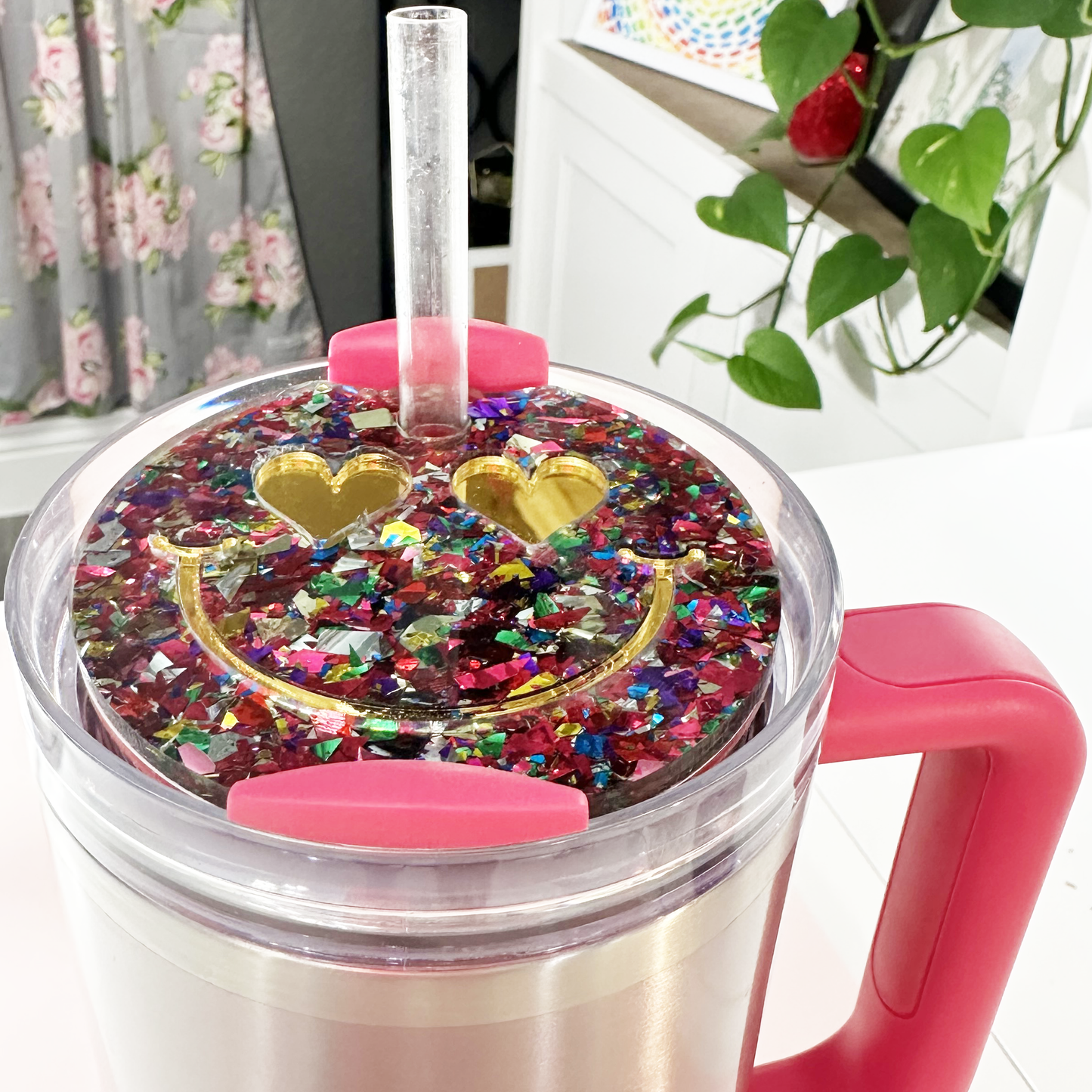 TUMBLER TOPPER -FULL LID - SMILEY FACE-UNICORN CANDY PINK GLITTER