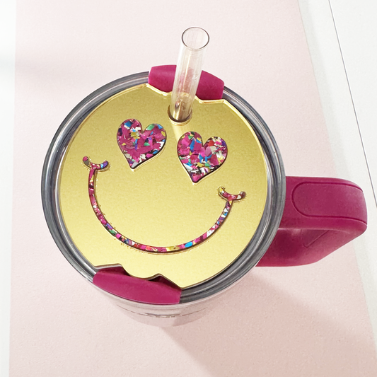 TUMBLER TOPPER -FULL LID - SMILEY FACE-GOLD MIRROR HEART EYES