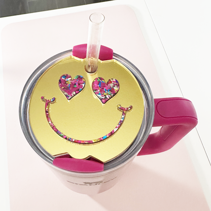 TUMBLER TOPPER -FULL LID - SMILEY FACE-GOLD MIRROR HEART EYES