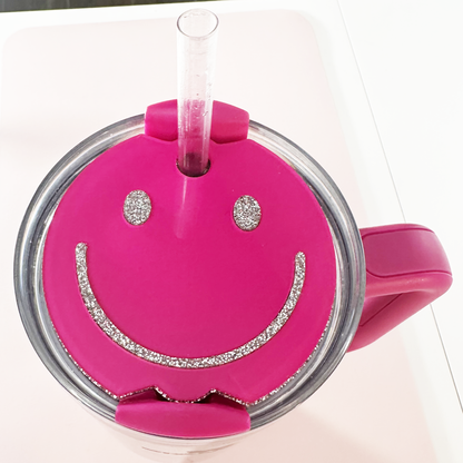 TUMBLER TOPPER - FULL LID - SMILEY FACE-PINK & SILVER