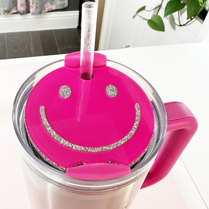 TUMBLER TOPPER - FULL LID - SMILEY FACE-PINK & SILVER