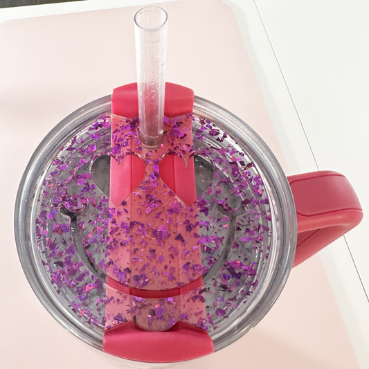 TUMBLER TOPPER - FULL LID - SMILEY FACE-PURPLE GLITTER