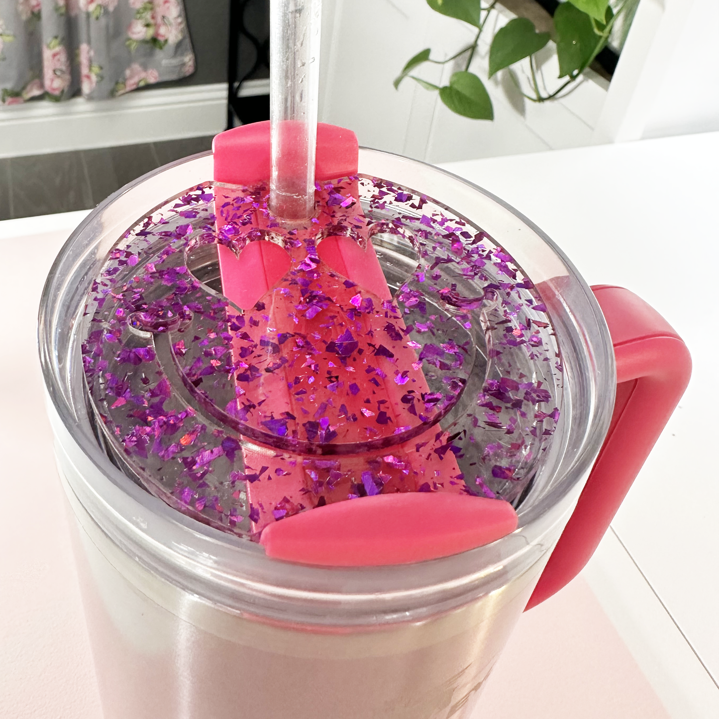 TUMBLER TOPPER - FULL LID - SMILEY FACE-PURPLE GLITTER