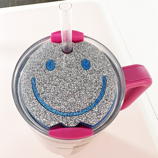 TUMBLER TOPPER -FULL LID - SMILEY FACE-SILVER & BLUE GLITTER