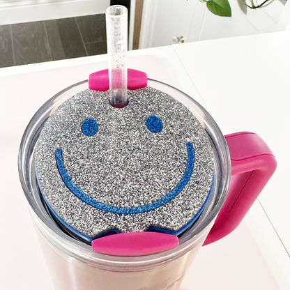 TUMBLER TOPPER -FULL LID - SMILEY FACE-SILVER & BLUE GLITTER