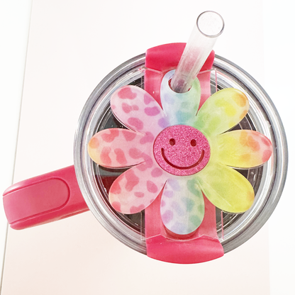 TUMBLER TOPPER TAG - RAINBOW CHEETAH SMILEY FLOWER