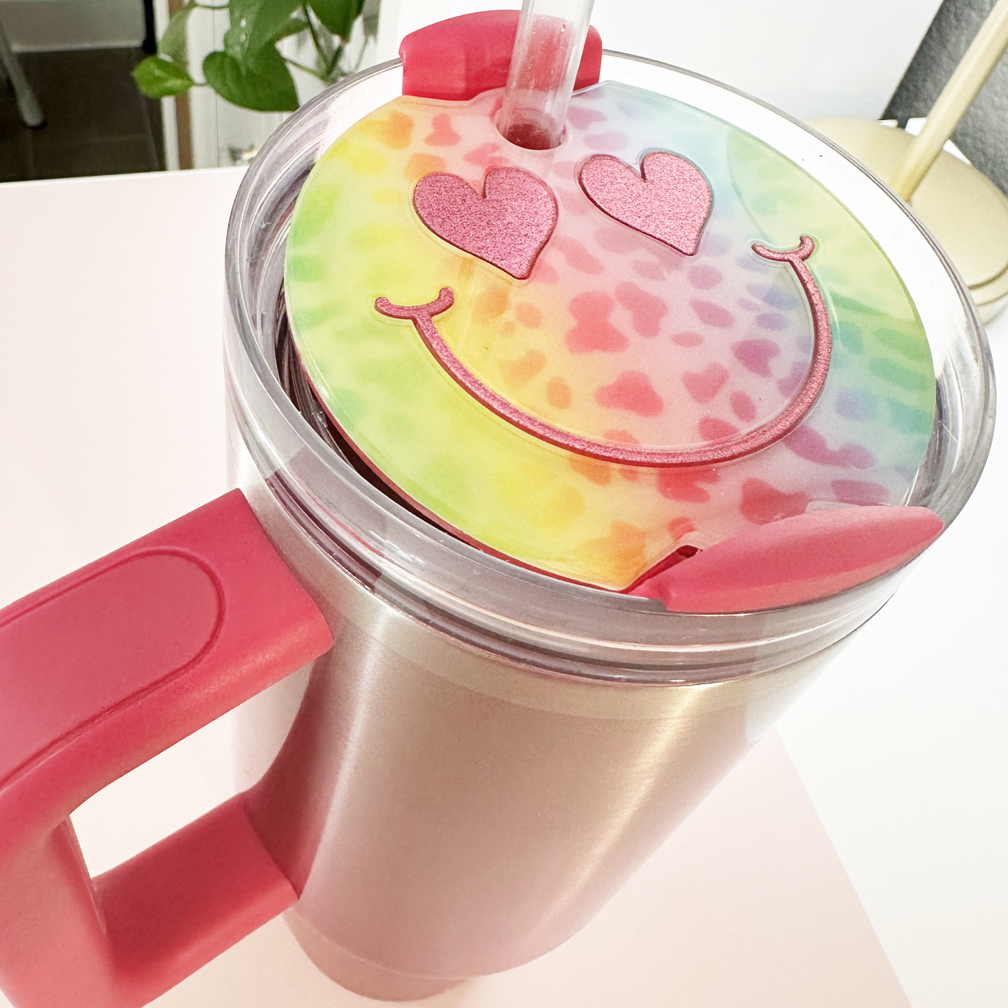 TUMBLER TOPPER - FULL LID - RAINBOW CHEETAH SMILEY