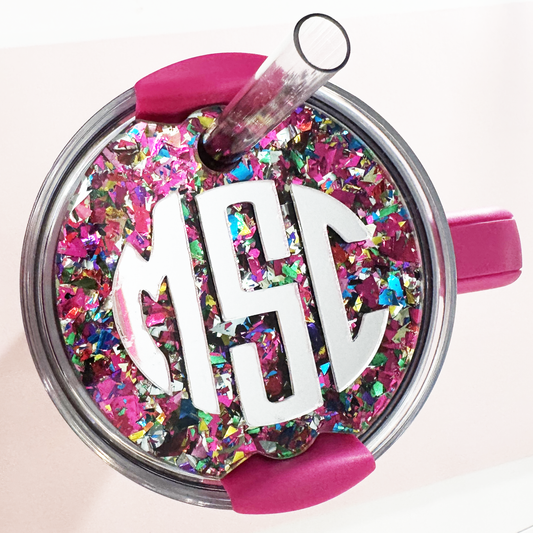 TUMBLER TOPPER - FULL LID - CIRCLE MONOGRAM - UNICORN CANDY PINK