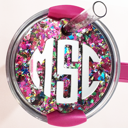 TUMBLER TOPPER - FULL LID - CIRCLE MONOGRAM - UNICORN CANDY PINK