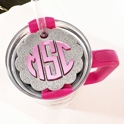 TUMBLER TOPPER - FULL LID - SCALLOPED MONOGRAM - SILVER GLITTER